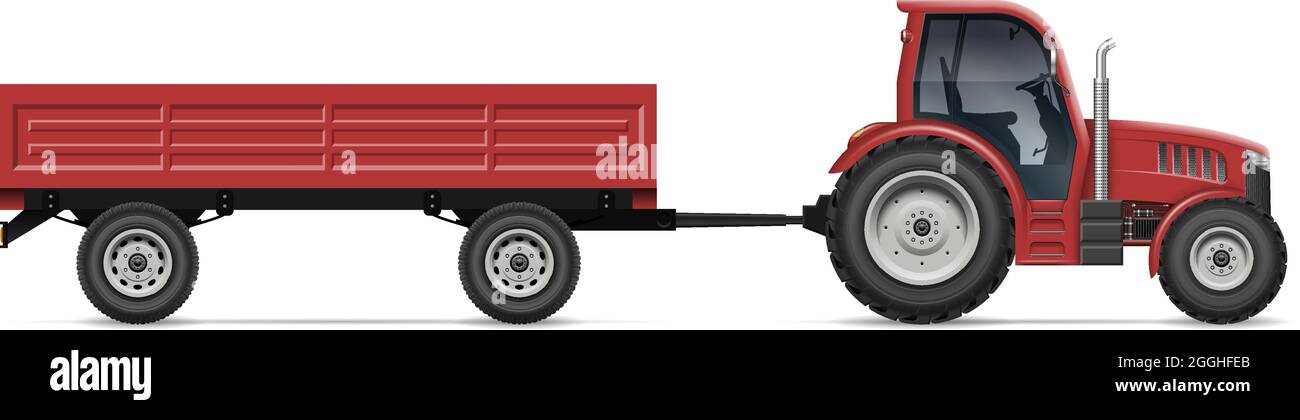 Traktor mit Anhänger Vektordarstellung von der Seite. Modell für landwirtschaftliche Fahrzeuge isoliert auf weißem Hintergrund. Einfach zu bearbeiten und neu zu färben. Stock Vektor