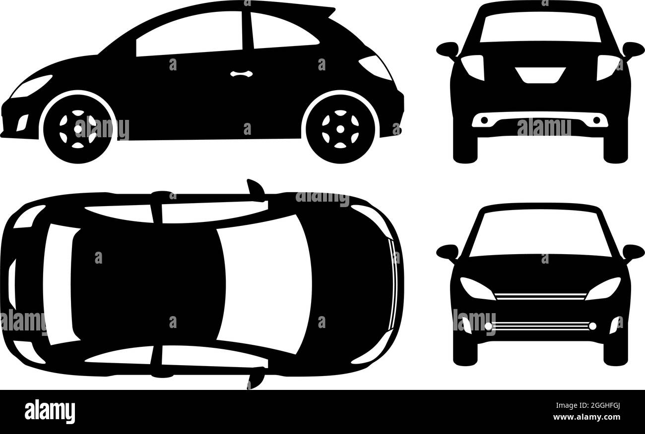 Kompakte Auto Silhouette auf weißem Hintergrund. Fahrzeugsymbole stellen die Ansicht von der Seite, vorne, hinten und oben ein Stock Vektor