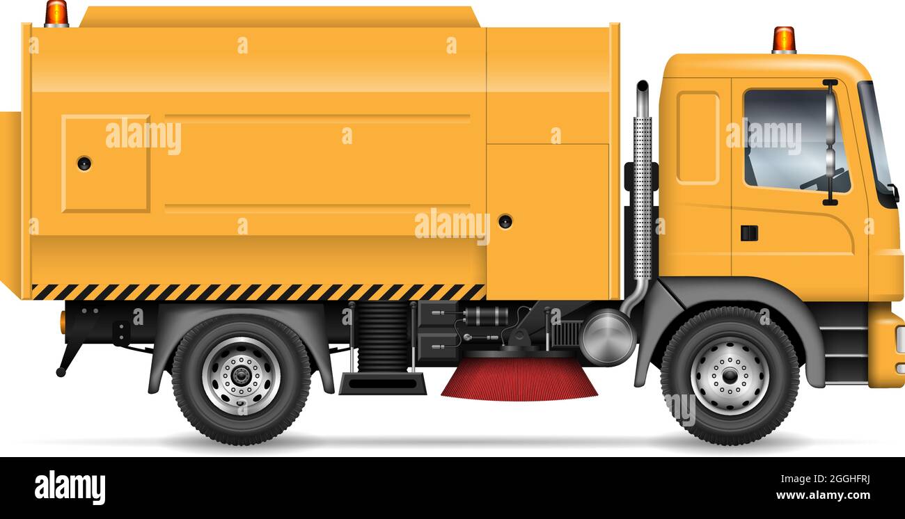 Street Kehrmaschine LKW Vektor Illustration Ansicht von der Seite isoliert auf weißem Hintergrund. Fahrzeugmockup zum Waschen und Reinigen von Straßen. Stock Vektor