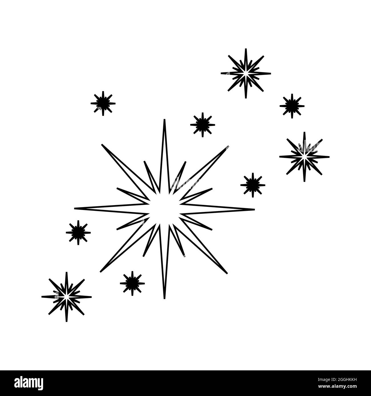 Skizzieren Sie Feuerwerk Wunderkerzen. Sternsymbol funkelt auf weißem Hintergrund isoliert. Leuchtendes Blitzsymbol. Sternlichtsäube. Lineare Vektordarstellung. Stock Vektor