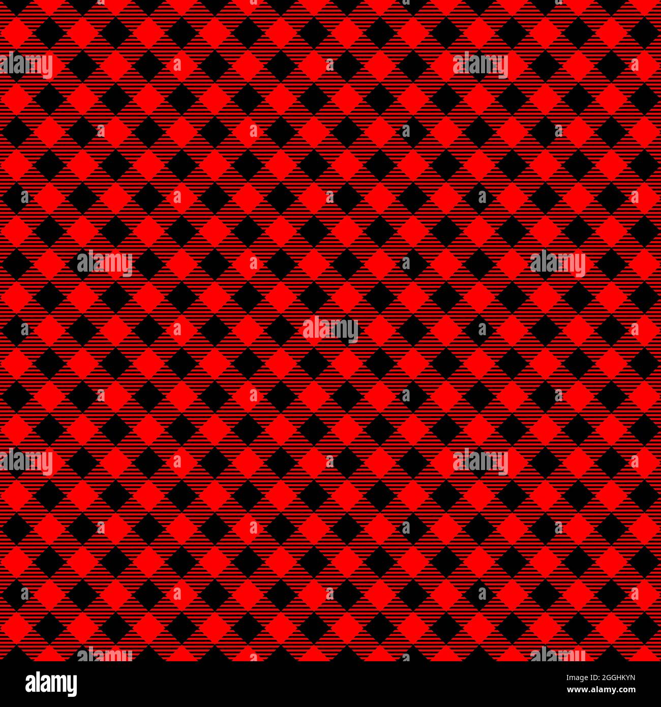 Diagonales, nahtloses Büffelmuster in Rot und Schwarz. Karierte Holzfällerstruktur. Geometrischer Hintergrund für Flanellhemd, Picknickdecke, Küchenserviette, Tweedmantel. Vektorgrafik flach. Stock Vektor