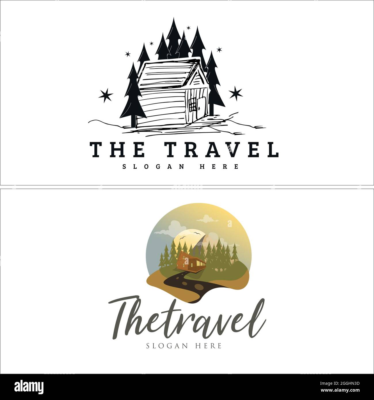 Design des Camping-Logos für die Vermietung von Hotelkabinen Stock Vektor