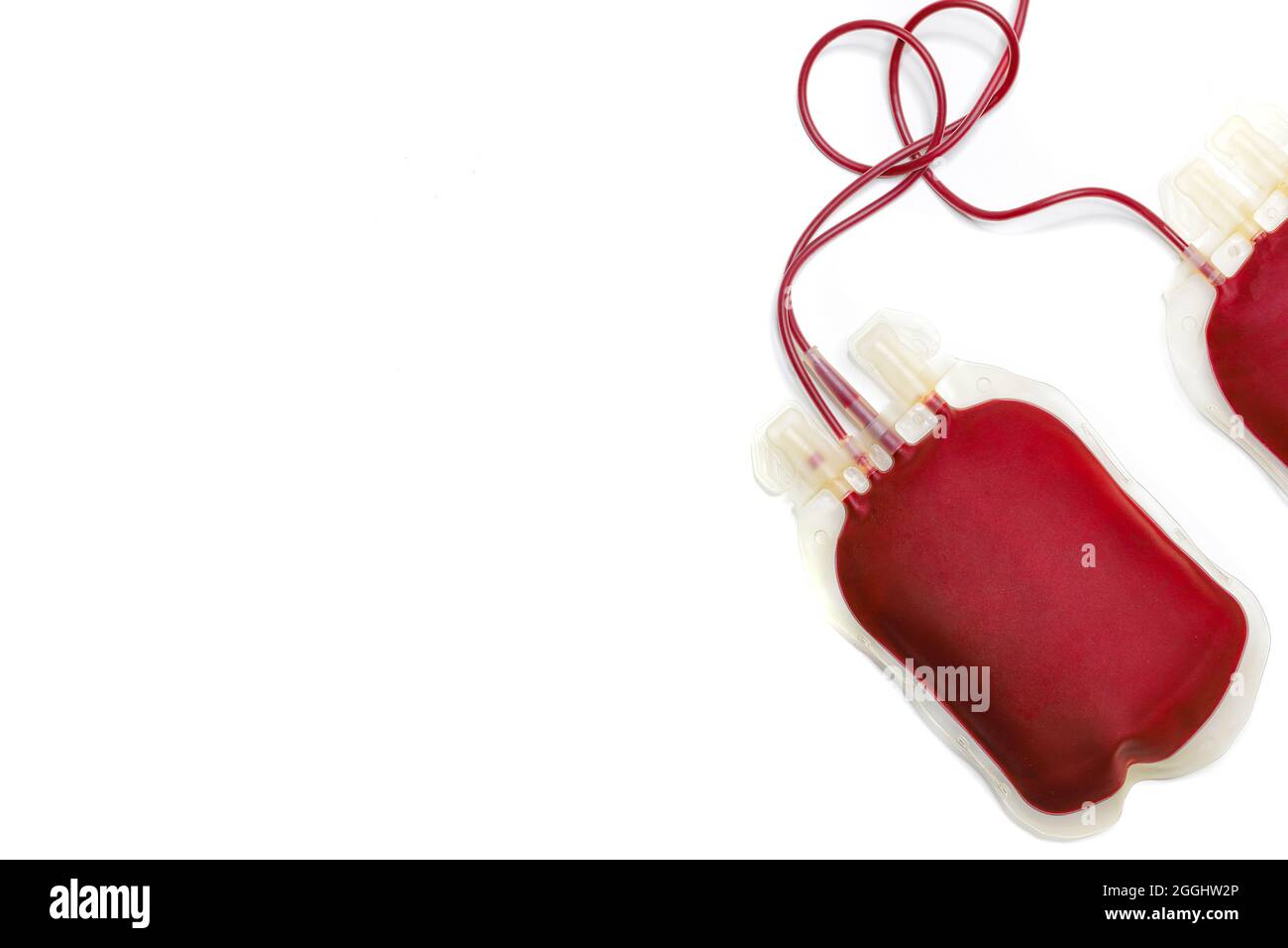 Zwei Blutbeutel auf weißem Hintergrund, Blutspendekonzept. Stockfoto