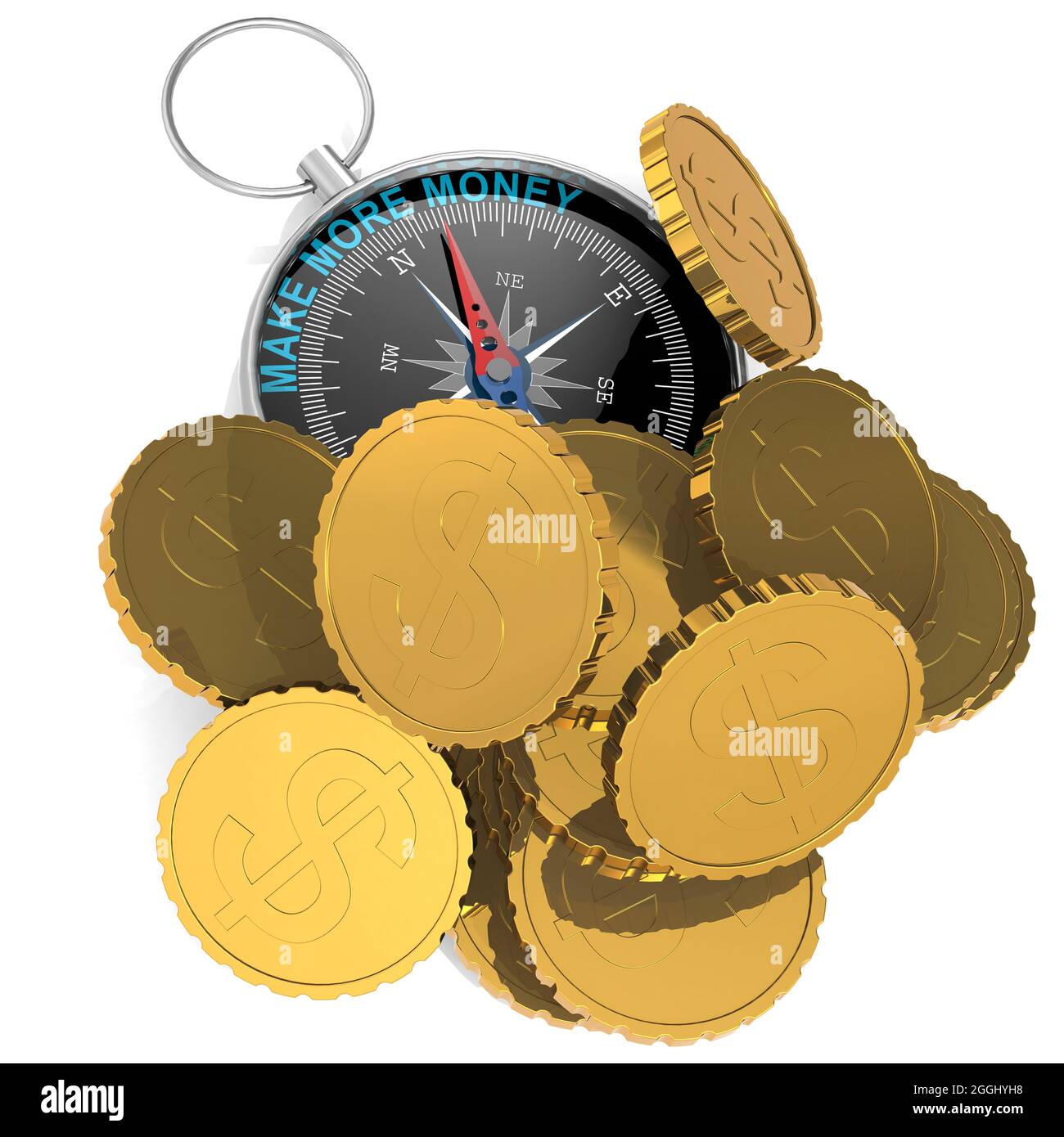 Make more Money Konzept mit Kompass und Goldmünzen, 3D-Rendering Stockfoto