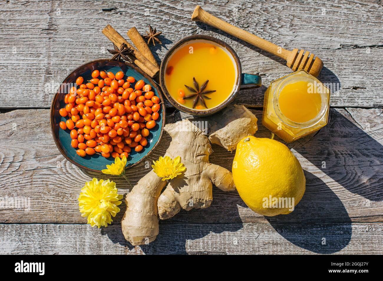 Sanddorntee, Honig, Zitrone und Ingwer auf einem Holztisch. Anti-Kälte-Tee ist ein Antioxidans für Gesundheit, Grippesaison, Draufsicht Stockfoto