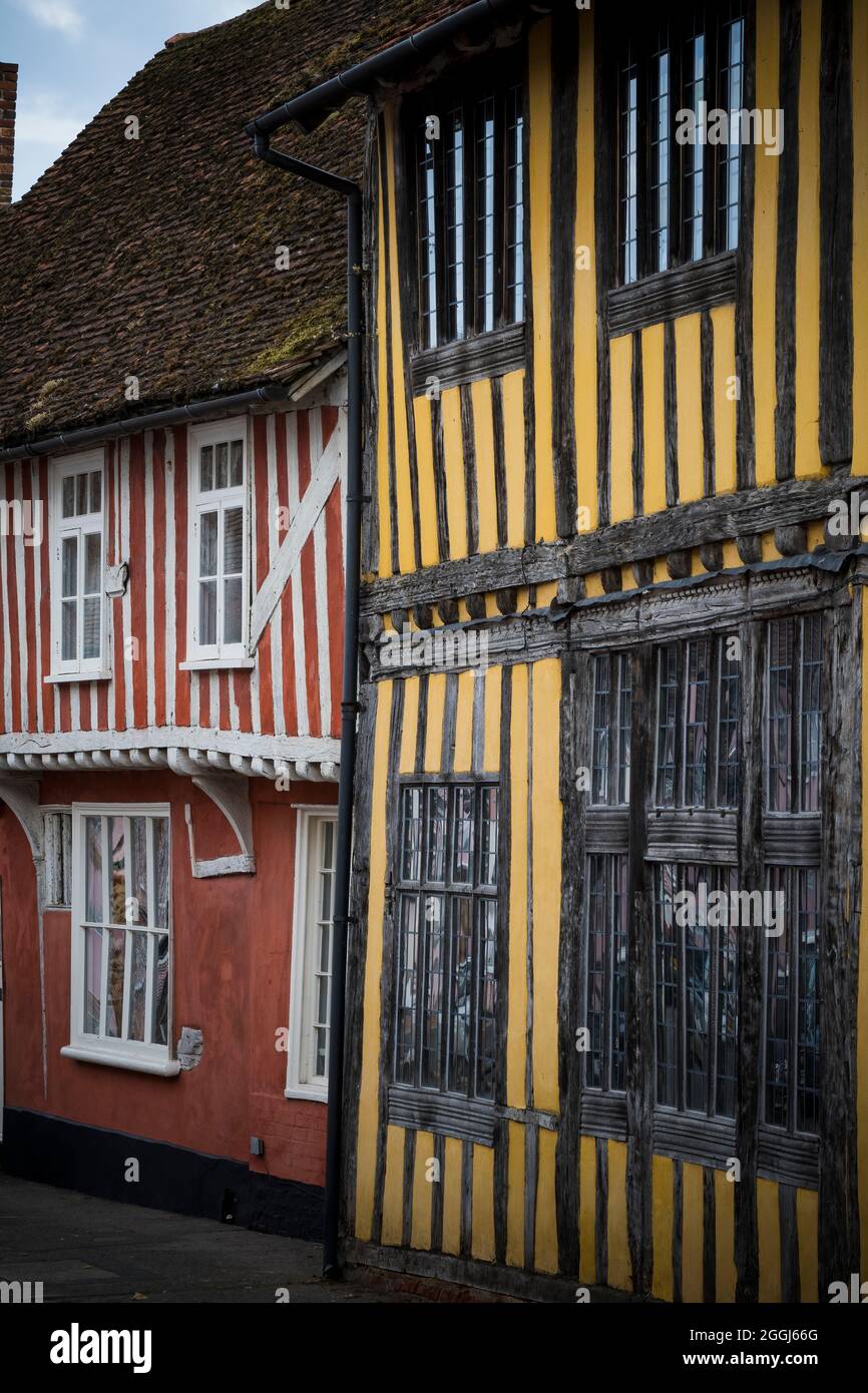 Mittelalterliche Holzbalkenarchitektur in der historischen Wollstadt Suffolk Stockfoto