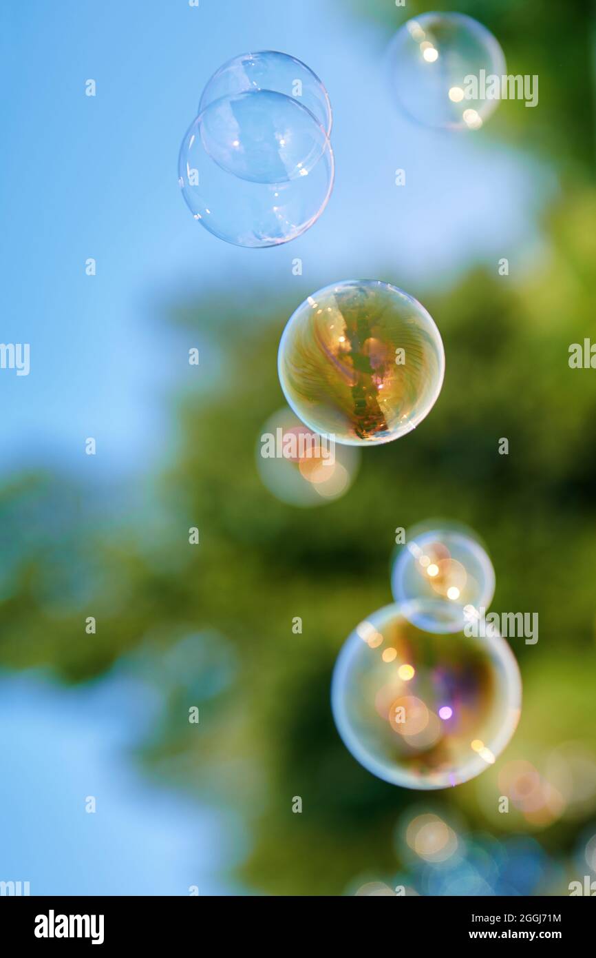 Schöne Seifenblasen Hintergrund an einem sonnigen Tag. Eine Menge Blasen in der Luft. Unscharfer Hintergrund. Kindheitskonzept Foto. Vertikaler Hintergrund. Stockfoto