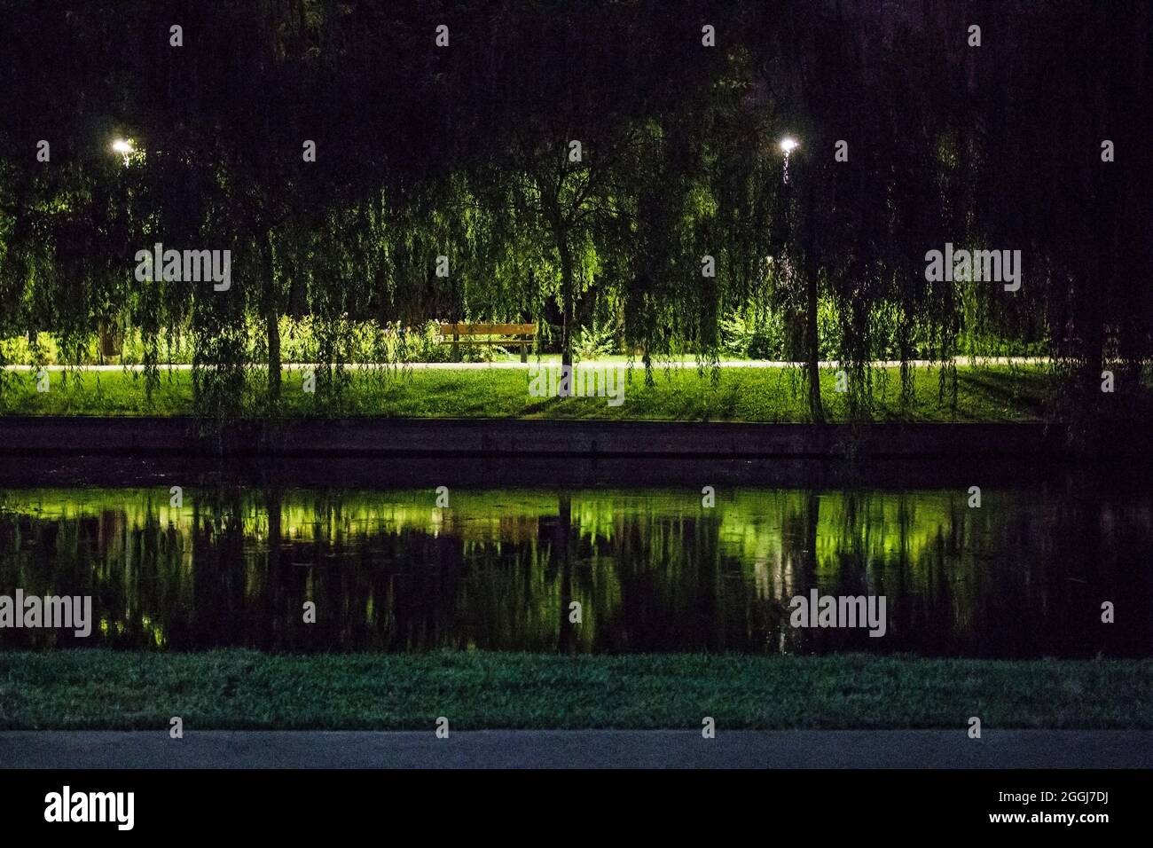 Nachtansicht des öffentlichen Parks Alexandru Ioan Cuza in Bukarest, Rumänien. Stockfoto