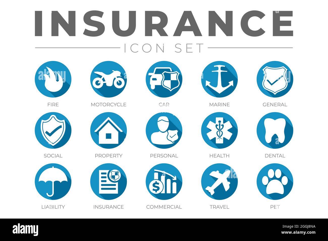Runde Flat Insurance Icon Set mit Auto, Eigentum, Feuer, Leben, Haustier, Reisen, Zahnmedizin, Gesundheit, Marine, Haftpflichtversicherung Icons Stock Vektor