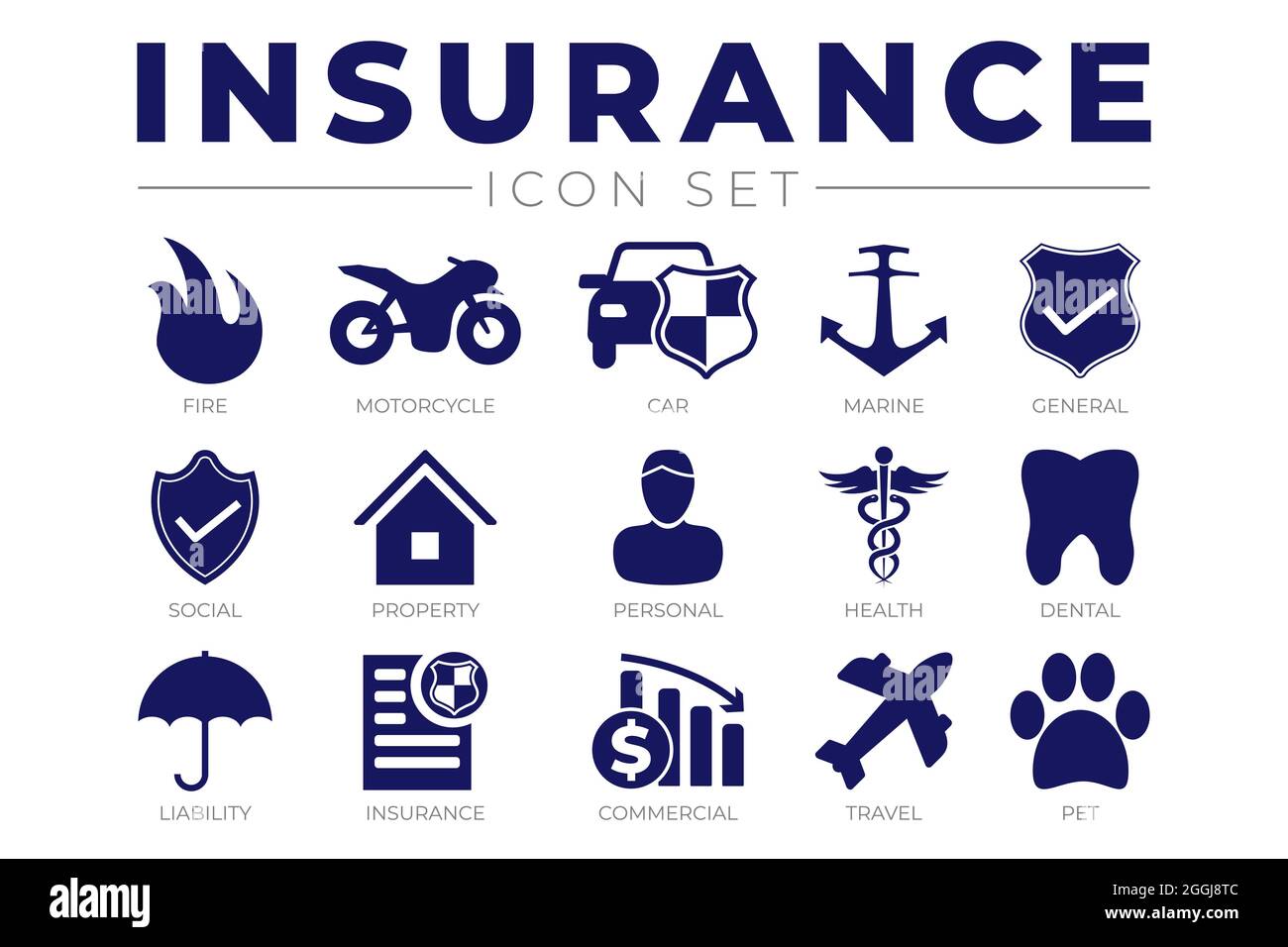 Versicherungssymbol mit Auto, Eigentum, Feuer, Leben, Haustier, Reisen, Zahnmedizin, Gesundheit, Marine, Haftpflichtversicherung Icons Stock Vektor
