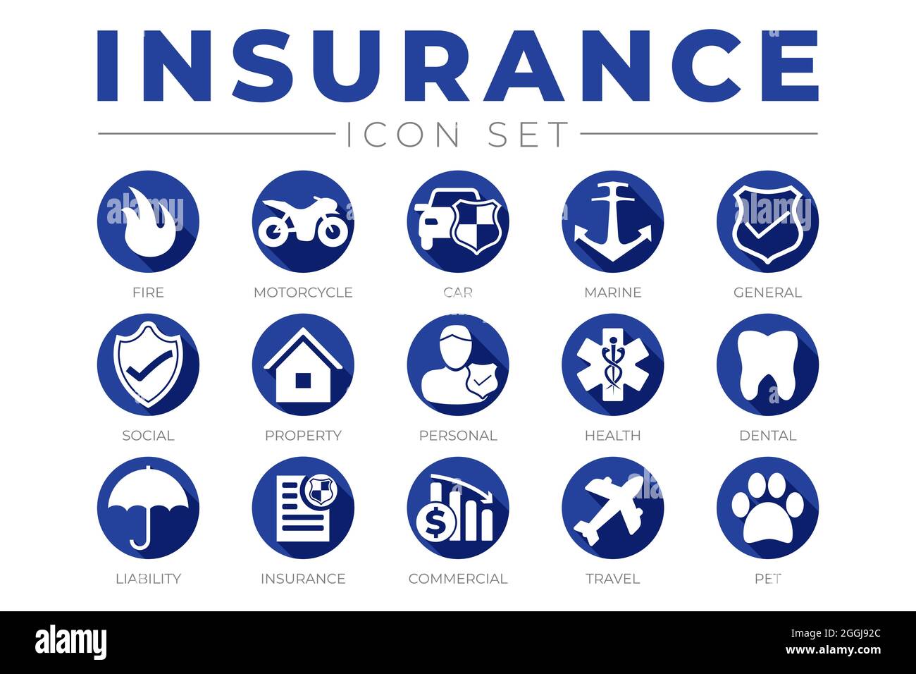 Blaues Versicherungssymbol mit Versicherungssymbolen Stock Vektor