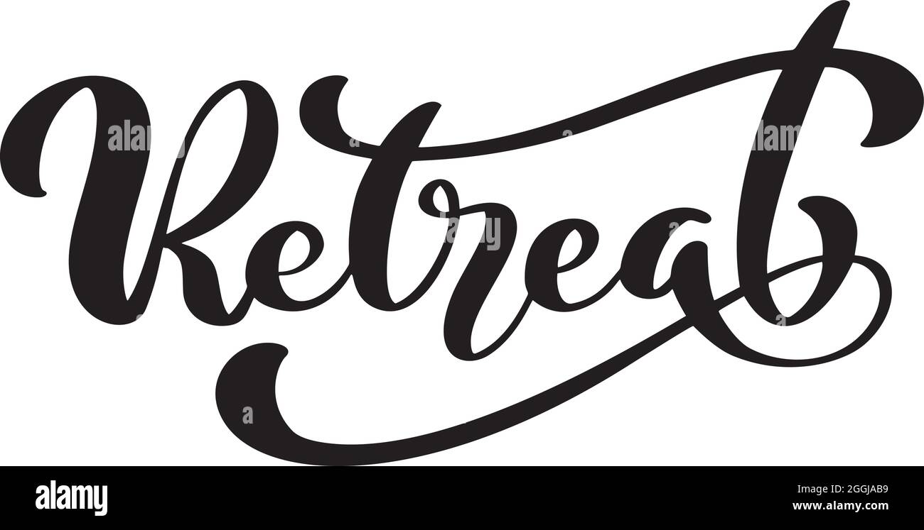 Retreat Pinsel Logo schwarze Kalligraphie Schriftzug Text. Vektorphrase Cursive Kalligraphie Schrift Stock Vektor