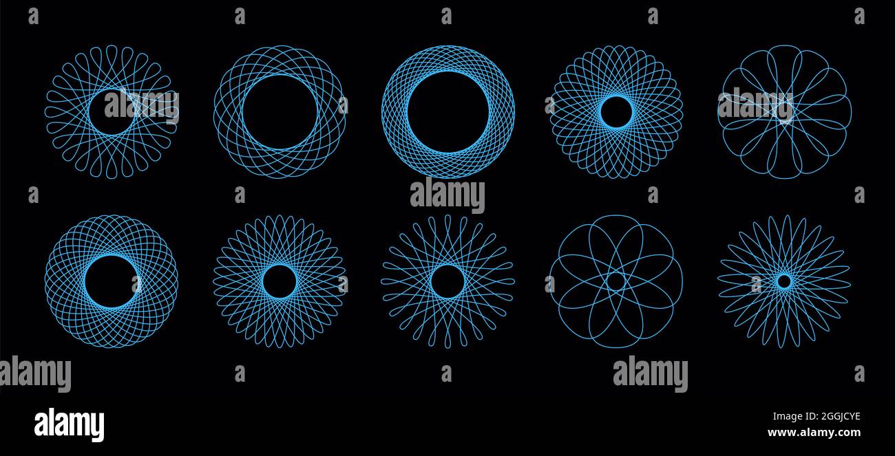 Spirograph-Muster - geometrische kreisförmige Grafiken - blaue Blumen - Illustration auf schwarzem Hintergrund. Stockfoto