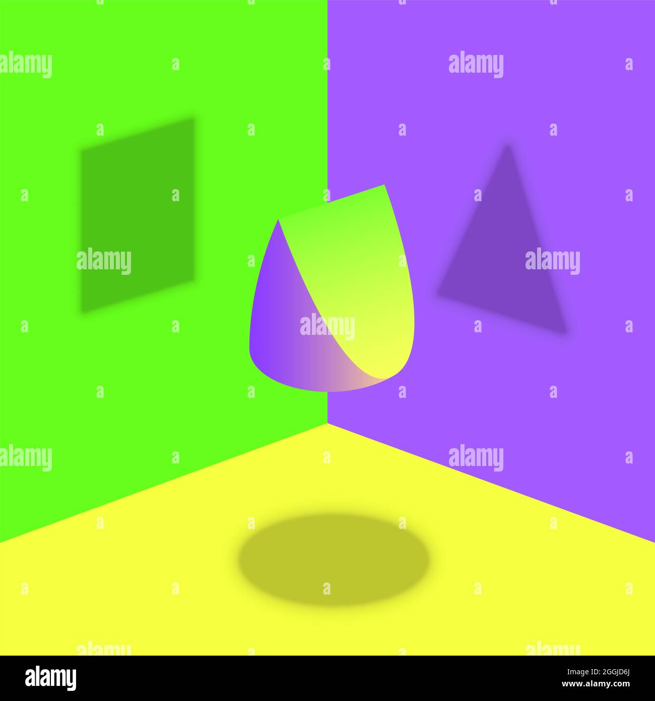 Verschiedene Schatten von einem Objekt - runder, dreieckiger und quadratischer Schatten von keilförmigen Gegenstand - optische Täuschung. Symbol für verschiedene Standpunkte. Stockfoto