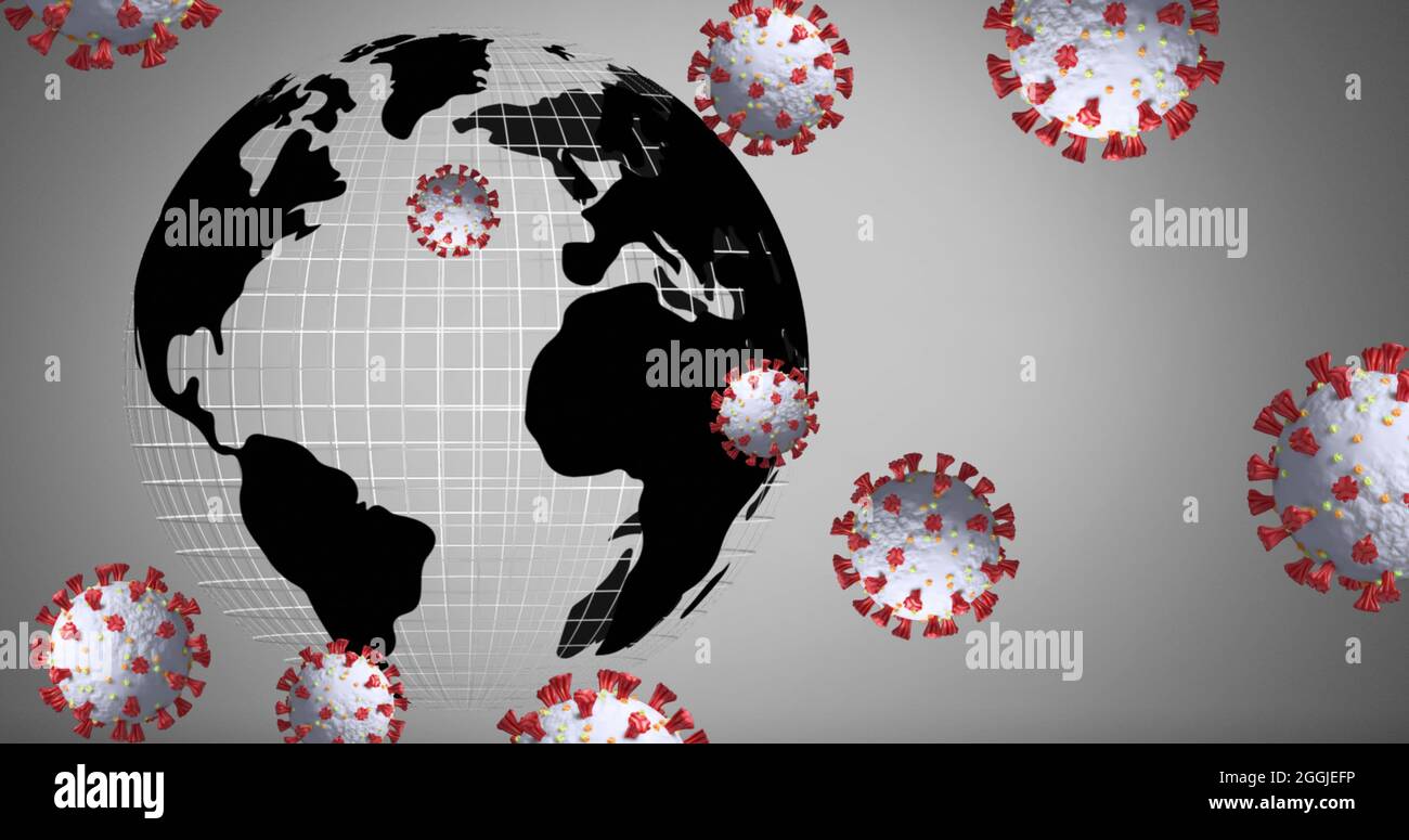 Bild von 19 Zellen mit 3D-Covid, die auf grauem Hintergrund über dem Globus schweben Stockfoto
