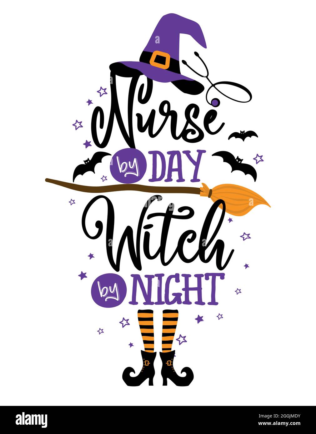 Krankenschwester bei Tag, Hexe bei Nacht - Halloween-Zitat auf weißem Hintergrund mit Besen, Fledermäusen und Hexenhut. Gut für T-Shirt, Becher, Schrottbuchung, Geschenk, Druckerei Stock Vektor