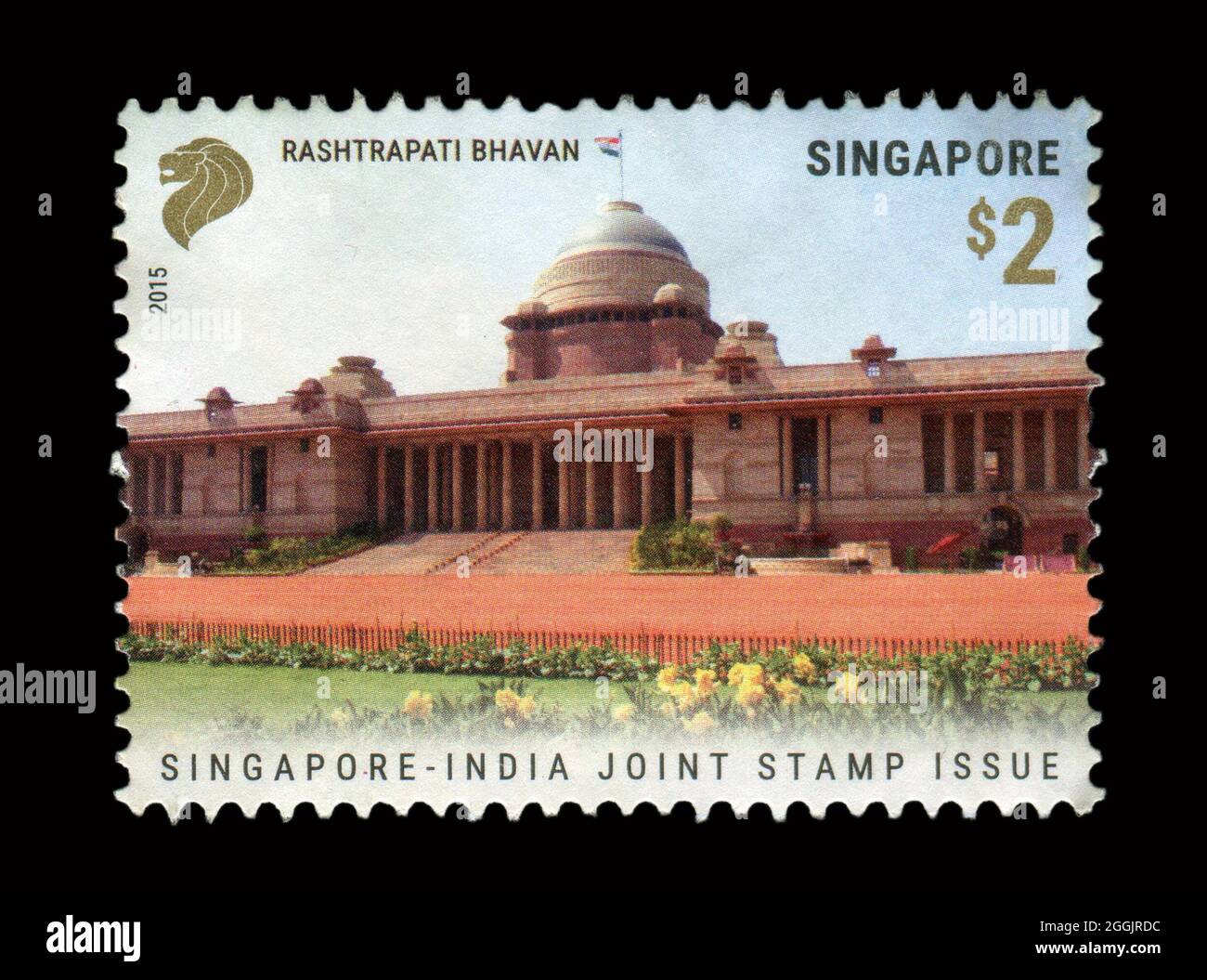Die in Singapur gedruckte Briefmarke zeigt das Bild der Joint Stamp-Ausgabe Singapur-Indien, um 2015. Stockfoto