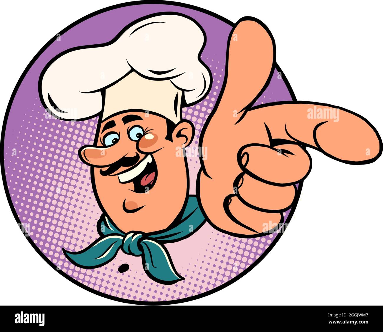 Mann Koch in einer weißen Kappe. Lächelndes Gesicht. Profi zeigt einen Finger Stock Vektor