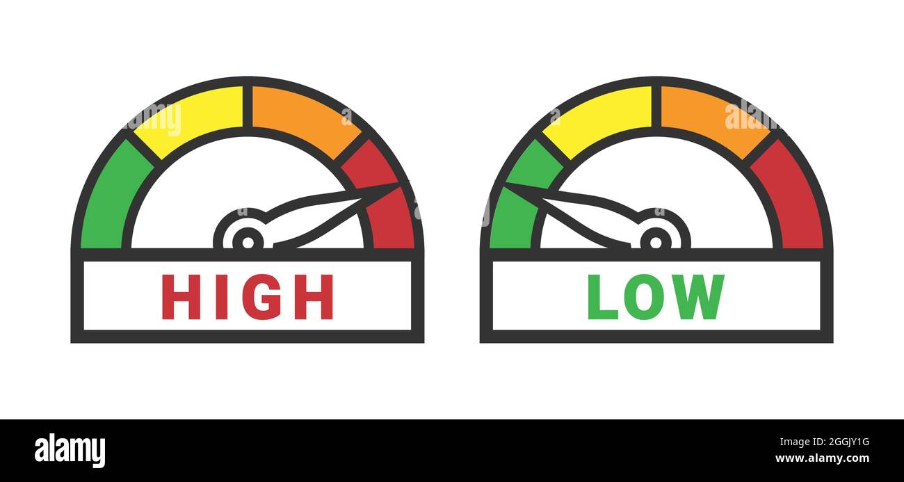 Messuhr mit niedriger und hoher Skala für Geschwindigkeitsmesser-Symbol von Grün nach Rot isoliert Stock Vektor
