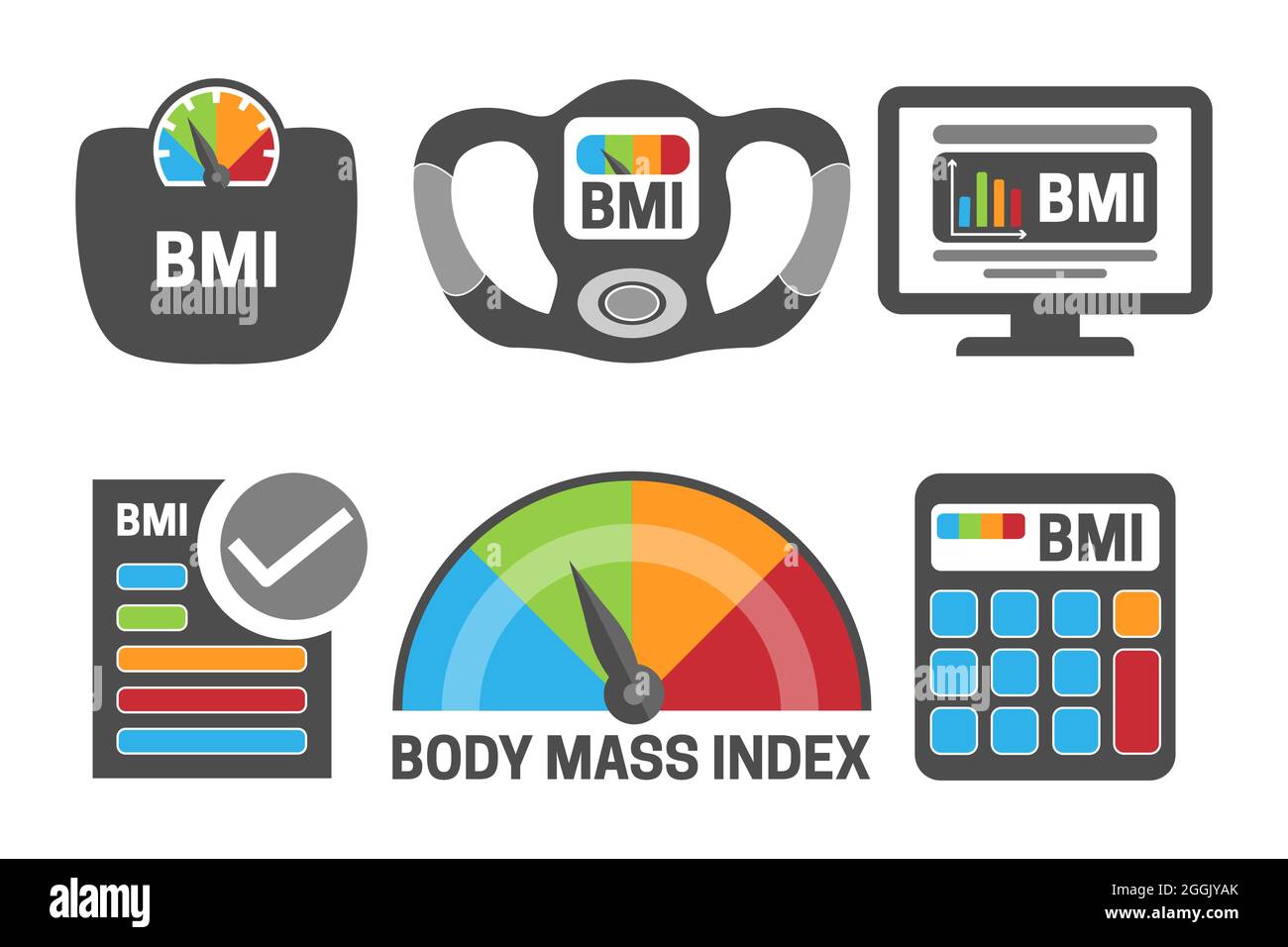 BMI Body Mass Index Calculation Gray Illustration Icon Set mit BMI-Gerät, Skalenmessung und Gesundheit, BMI-Rechnersymbolen. Stock Vektor