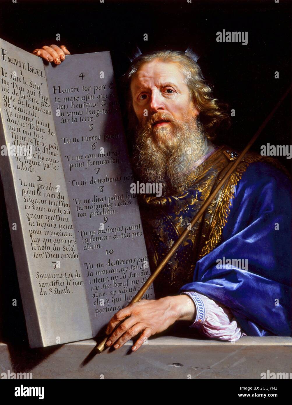 Moses präsentiert die Gesetzestafeln von Philippe de Champaigne (1602-1674), Öl auf Leinwand, um 1648 Stockfoto