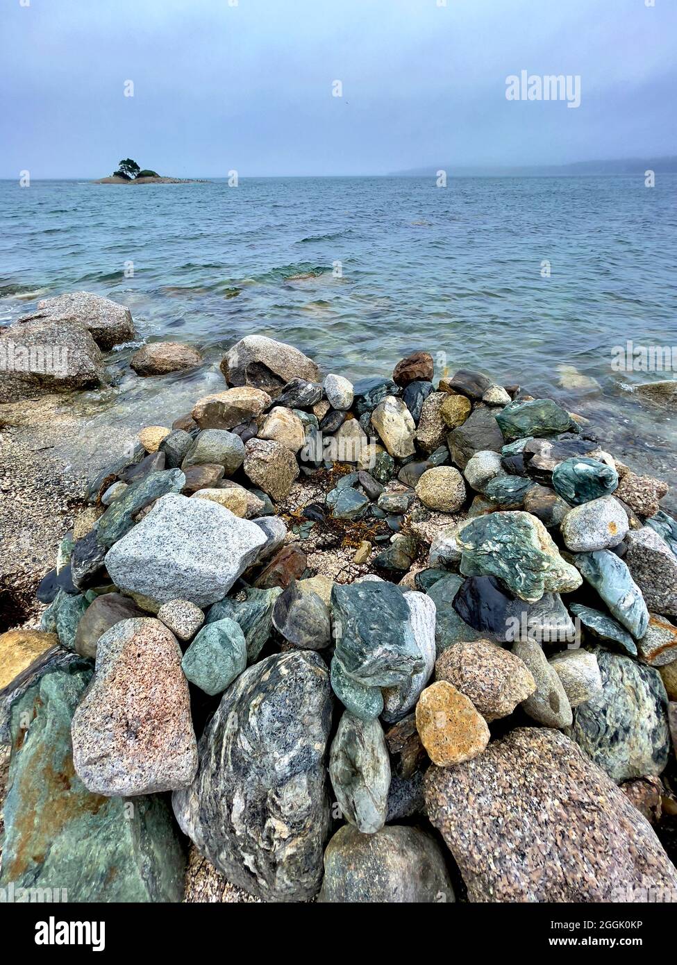 Raue, felsige Küste von Maine an einem bewölkten Tag auf Flye Point, Brooklin Maine und in der Nähe der „Lookout Lodge“ Stockfoto