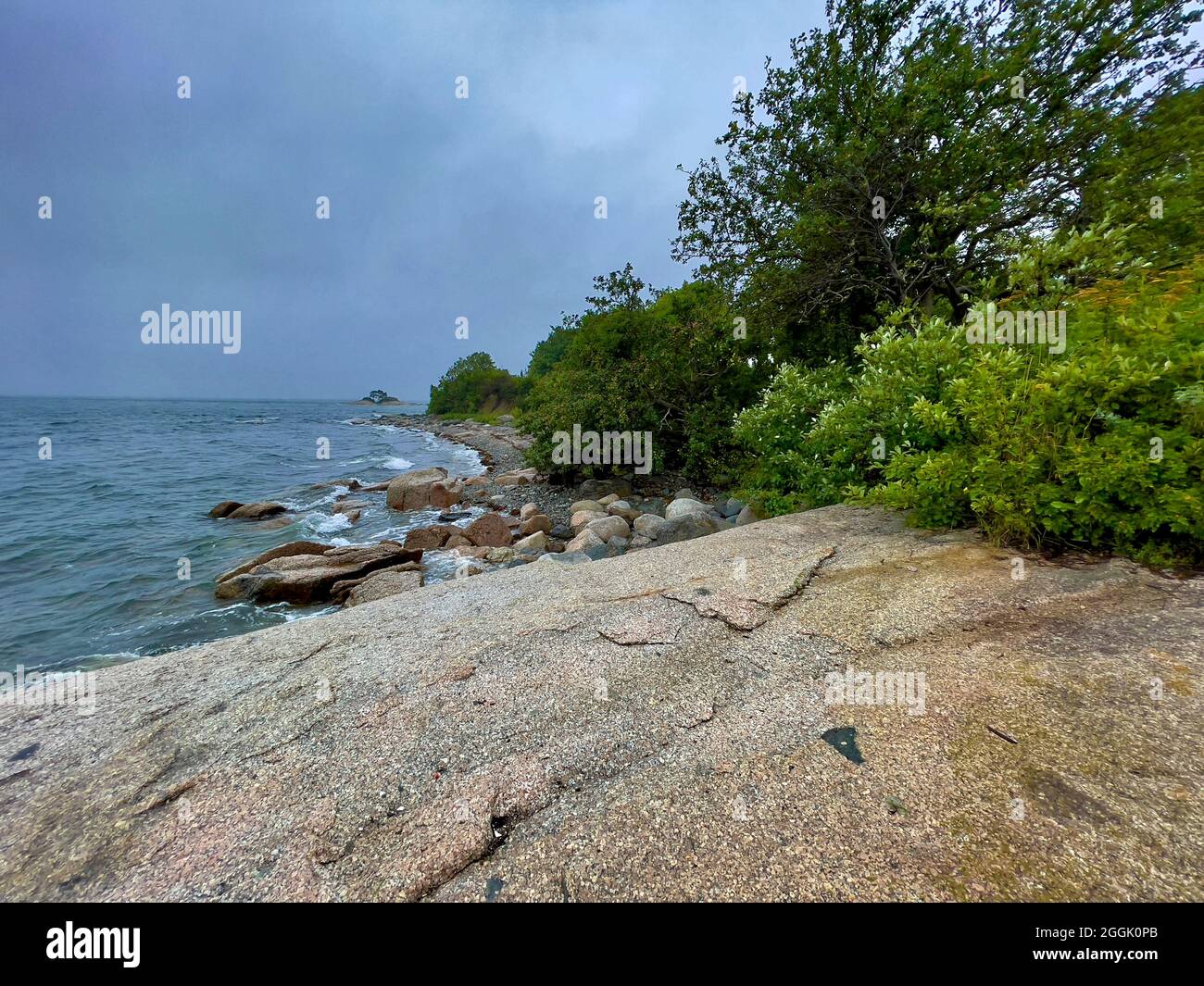Raue, felsige Küste von Maine an einem bewölkten Tag auf Flye Point, Brooklin Maine und in der Nähe der „Lookout Lodge“ Stockfoto