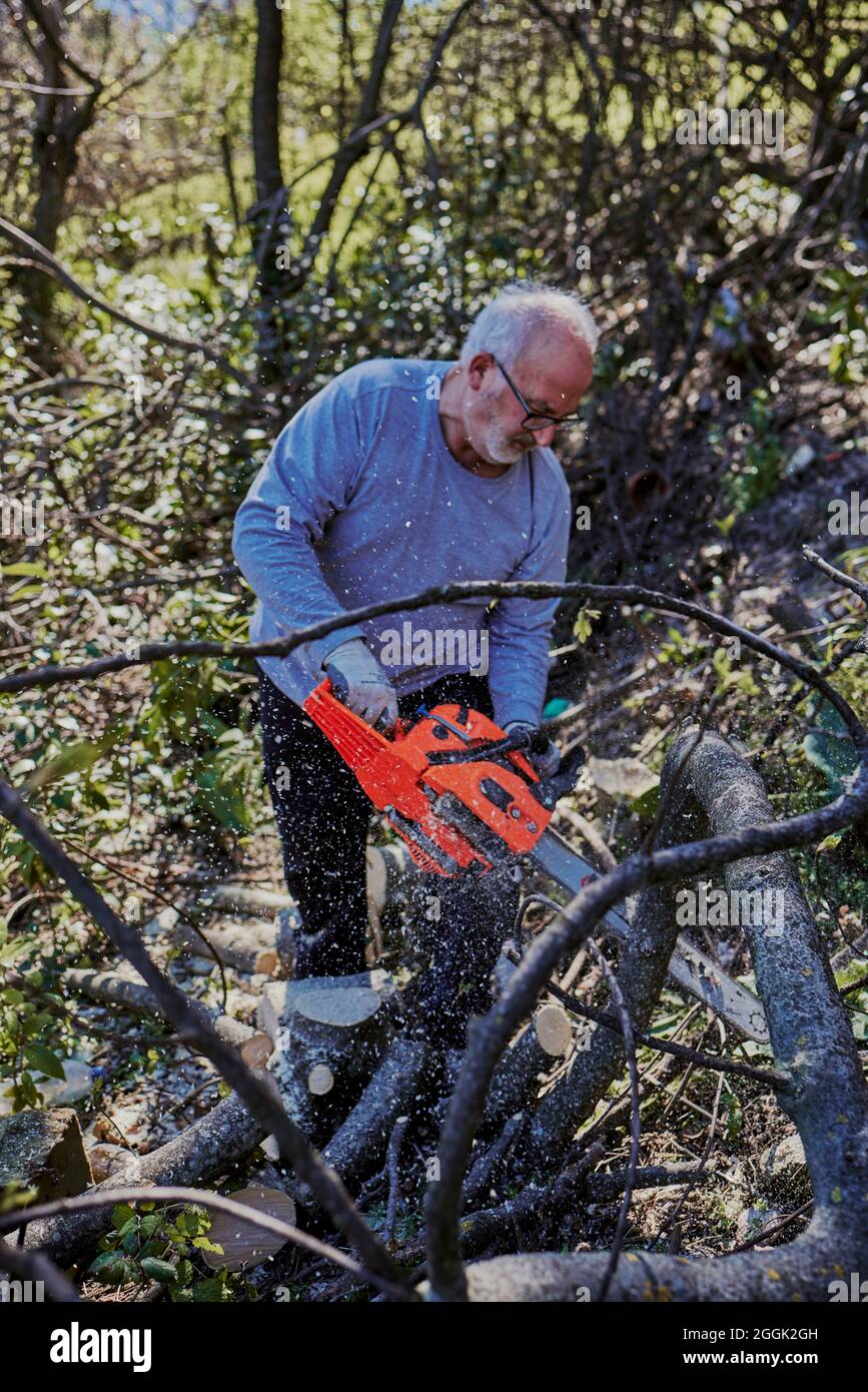 Ein alter Mann hackt Holz Stockfoto
