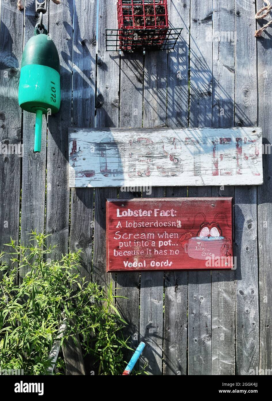 Der alte, verwitterte Holzzaun mit Schildern und Bojen im Perry's Lobster Shack ist eine Low-Key-Hütte am Wasser, die Hummer- und Meeresfrüchte-Gerichte anbietet. Stockfoto