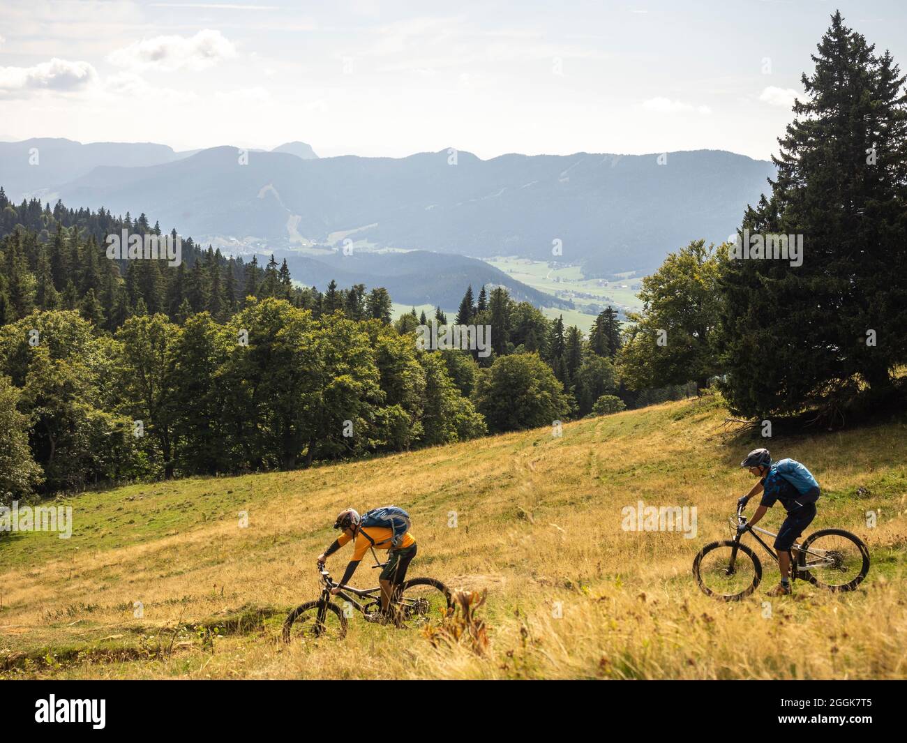 Mountainbiker auf Singletrails im nördlichen Teil des Vercors, Departement Auvergne-Rhones-Alpes Stockfoto