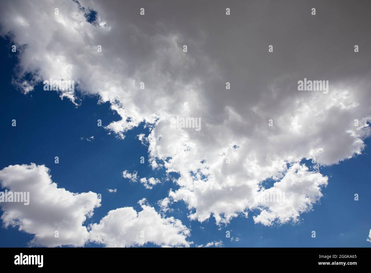 Flauschige weiße Wolken und ein tiefblauer Himmel. Stockfoto