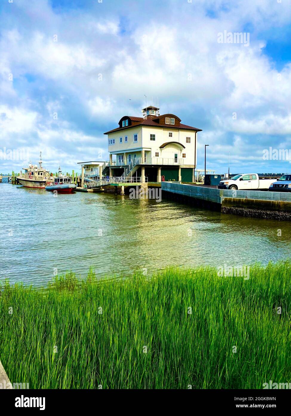 Charleston Harbor, South Carolina. Seegras mit Haus an der Atlantikküste Stockfoto