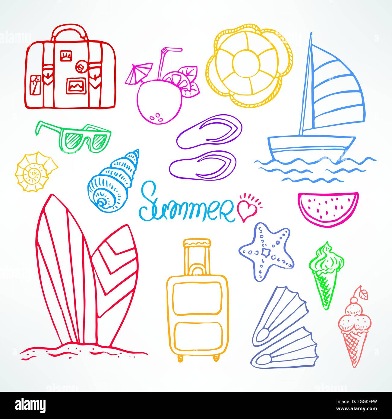 Urlaub. Satz von Sommer-Symbolen. Handgezeichnete Abbildung Stock Vektor