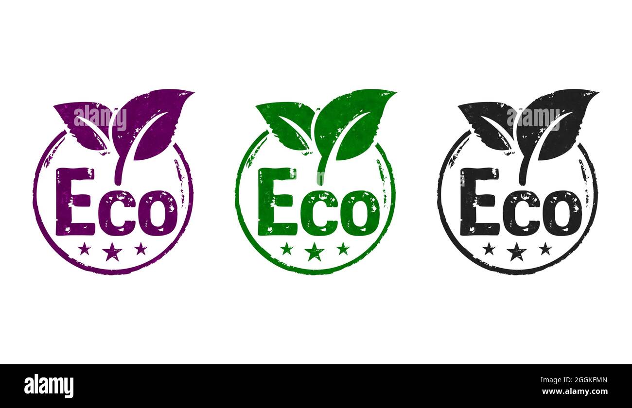 Umweltfreundliche Stempelsymbole in wenigen Farbversionen. Ökologie, Umwelt und Klima Konzept 3D Rendering Illustration. Stockfoto