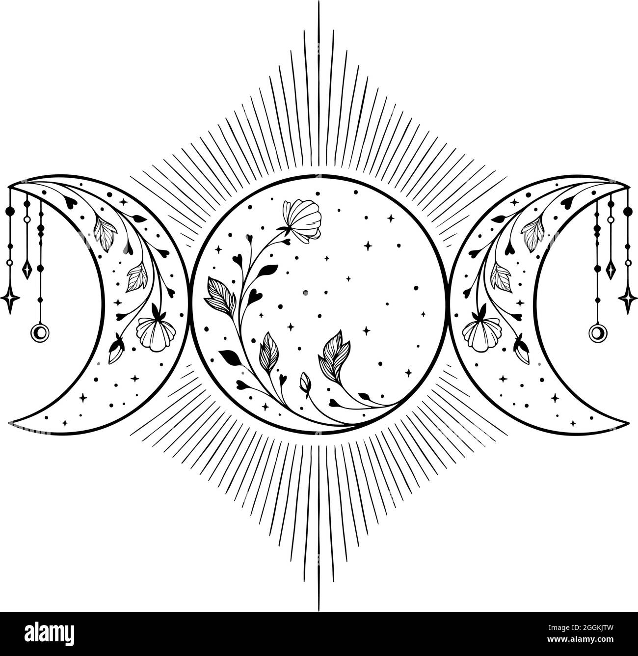 Dreifaches Mondsymbol mit Blumen und Sternen Stock Vektor