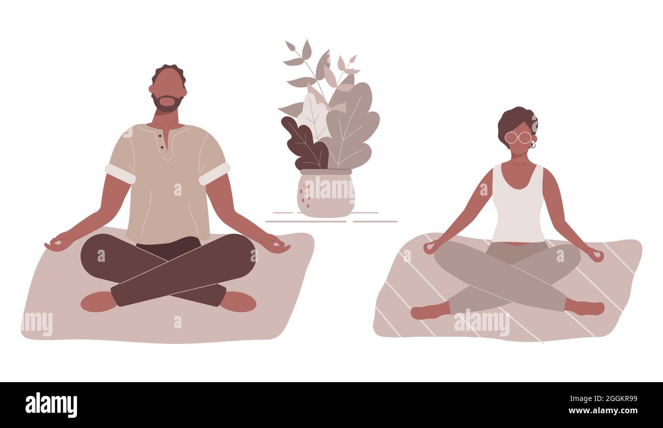 Afro-amerikanische Frau und Mann in Yoga-Lotusposition, die Meditation, Achtsamkeitspraxis, spirituelle Disziplin zu Hause oder im Fitnessstudio machen Stock Vektor