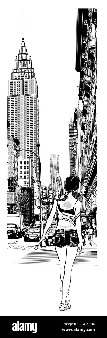 Mädchen mit Tattoo und Zopf an einer großen Kreuzung im Zentrum von New York - Vektor-Illustration Stock Vektor