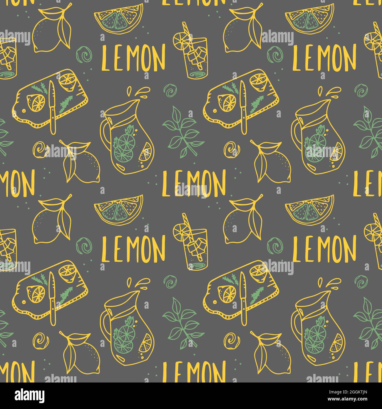 Wiederholter Hintergrund heller Druck für Stoff oder Tapete, Menü, Textil, Party. Vektor-Limonade-Muster. Nahtloses Muster mit Zitrone. Stock Vektor