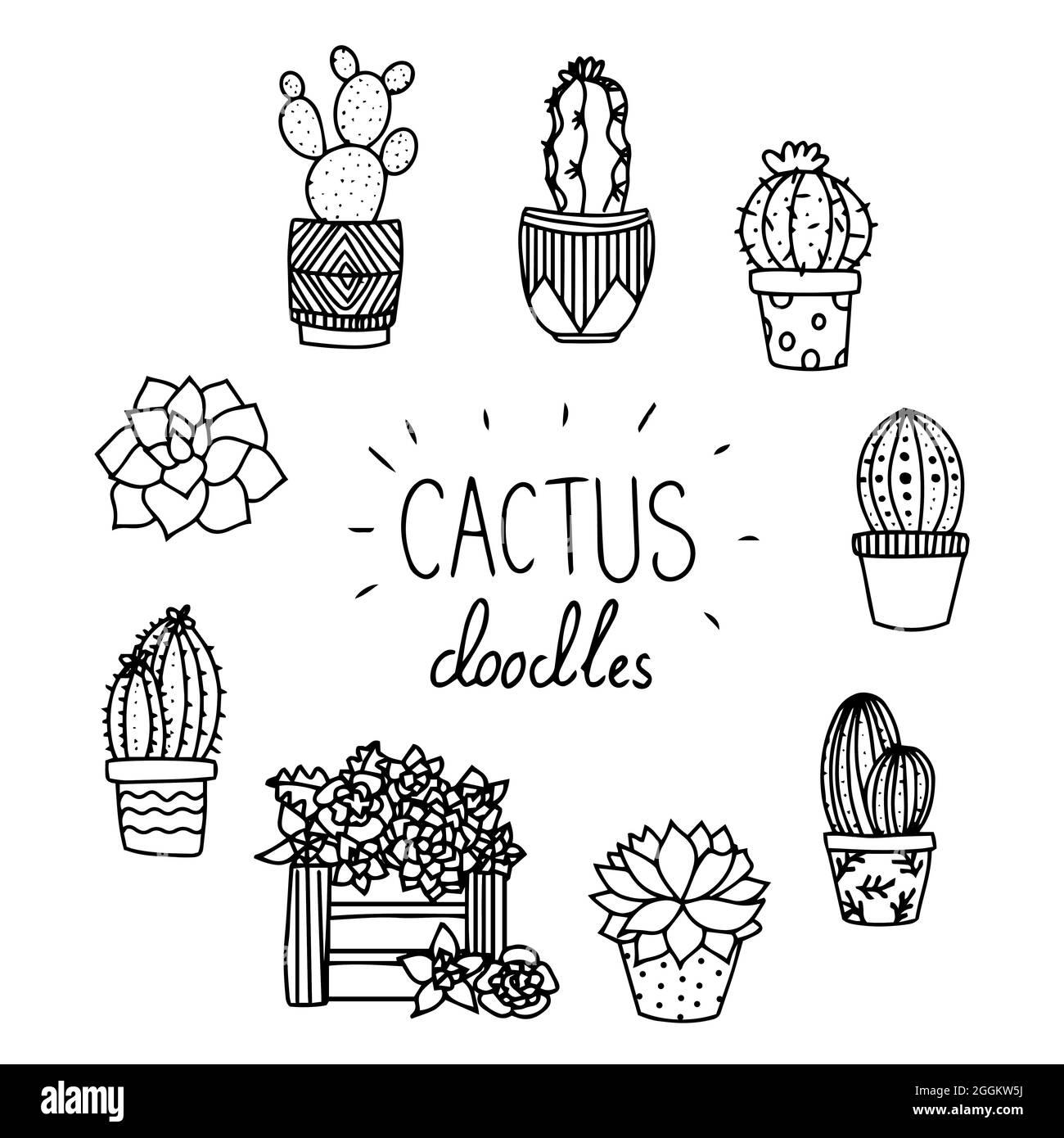 Set. vektordarstellung Kakteen. Niedliche Hand Zeichnung Vektor Kaktus in Töpfen. Stock Vektor