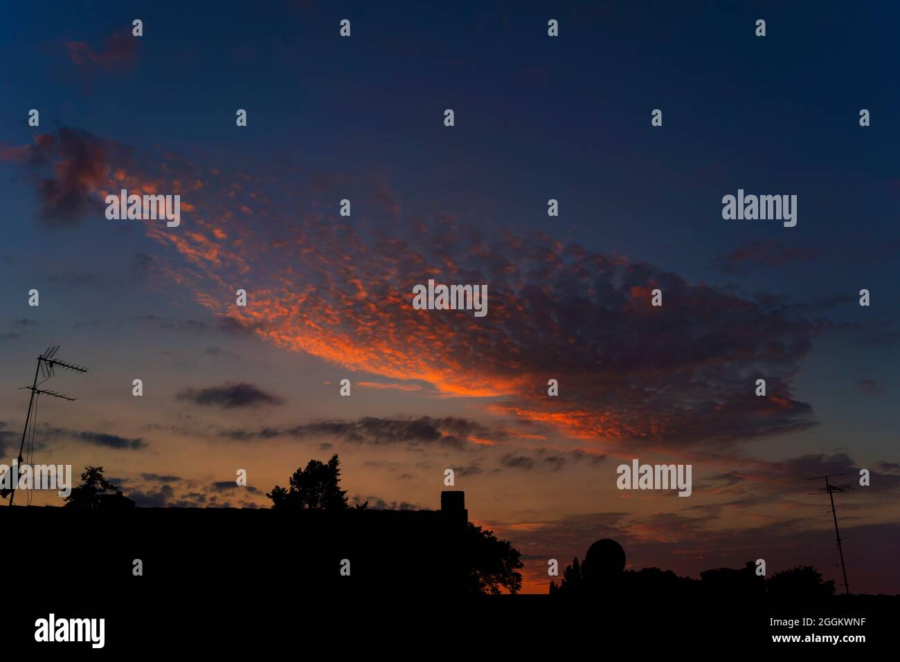 Sonnenuntergang über der Stadt Luckenwalde, die Wolken sehen aus wie ein großer Fisch Stockfoto