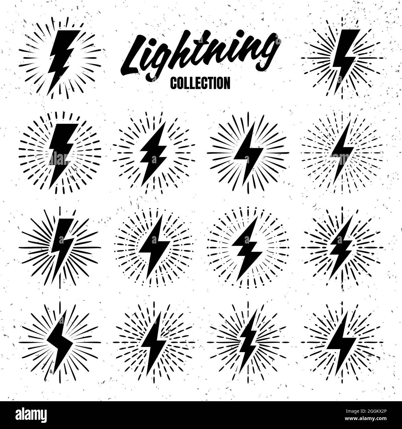 Set von Vintage Blitze und Sonnenstrahlen auf grunge Hintergrund. Blitze mit Sunburst-Effekt. Thunderbolt, Schild für elektrischen Schlag. Vektor Stock Vektor