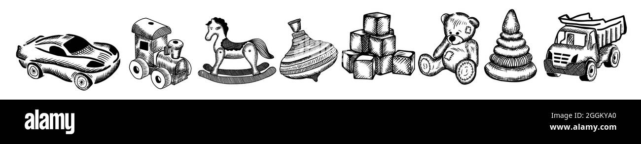Ein Satz von Kinderspielzeug, gezeichnet mit einem Stift. Vektorgrafik Stock Vektor