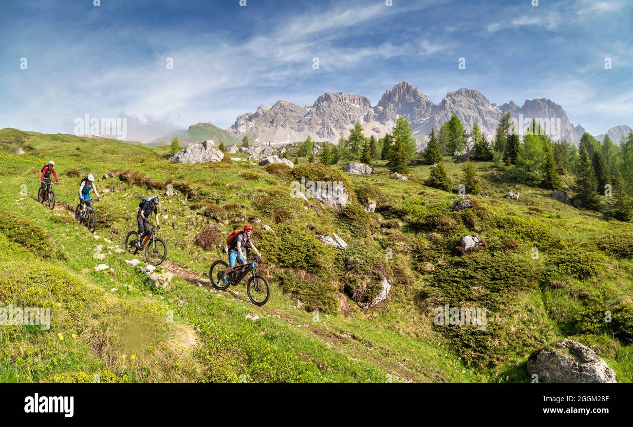 Dolomiten, Fahrradfahrer mit E-Bikes auf dem Bergweg am passo di san pellegrino, Soraga di Fassa, Provinz Trient, Trentino, Italien, Europa Stockfoto