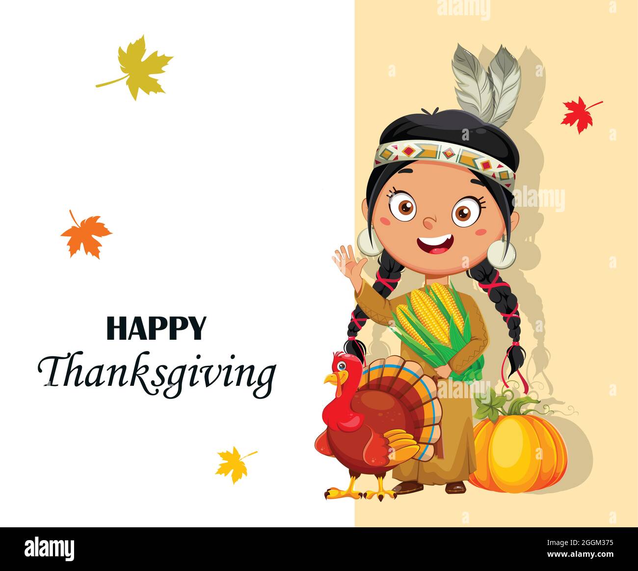 Thanksgiving-Tag Grußkarte mit indianischen Mädchen. Niedliche Zeichentrickfigur. Vektorgrafik für Aktien Stock Vektor