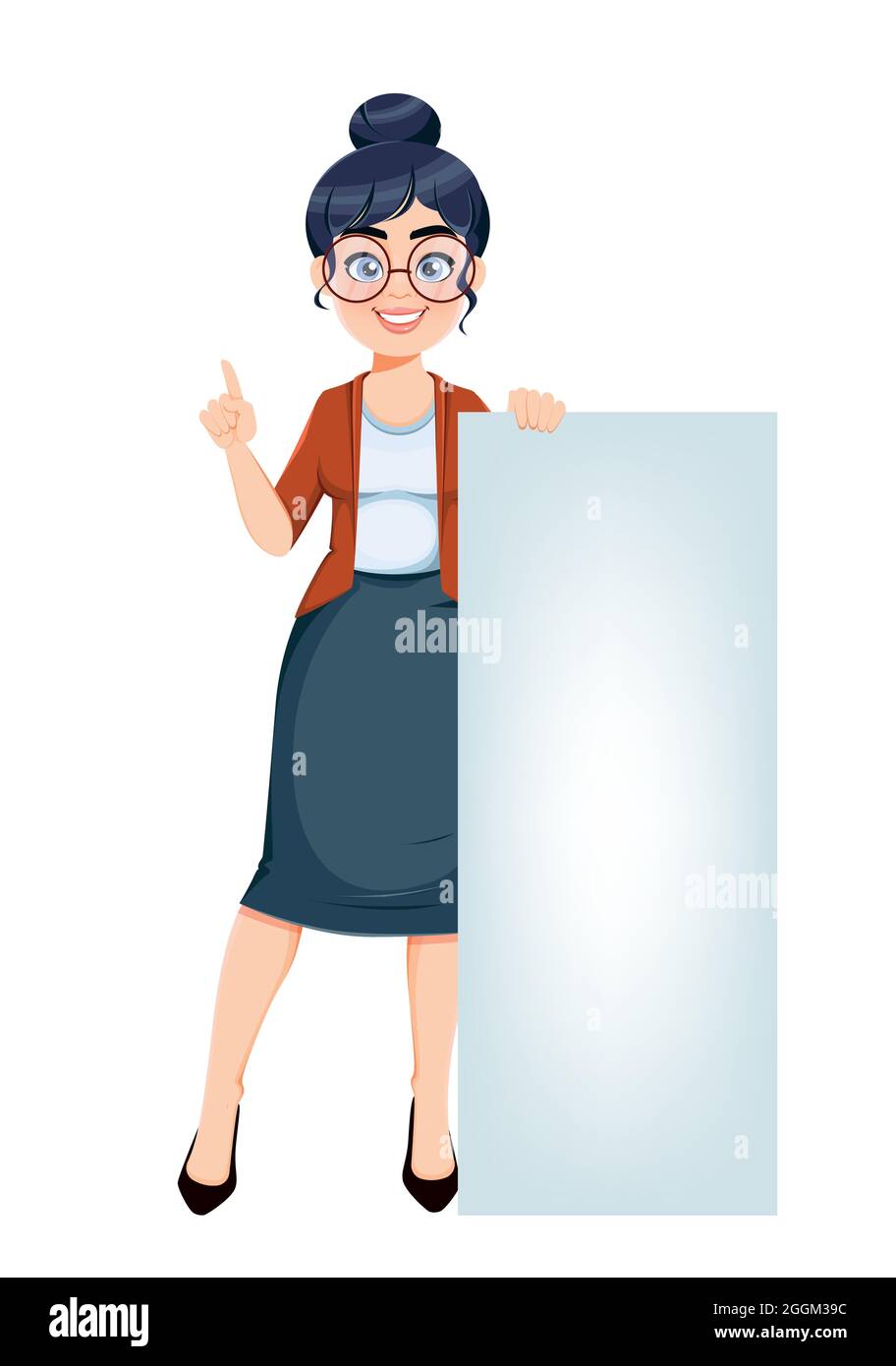 Alles gute für den Techer Tag. Nette weibliche Lehrer Cartoon-Figur steht in der Nähe von großen leeren Banner. Vektorgrafik für Aktien. Stock Vektor