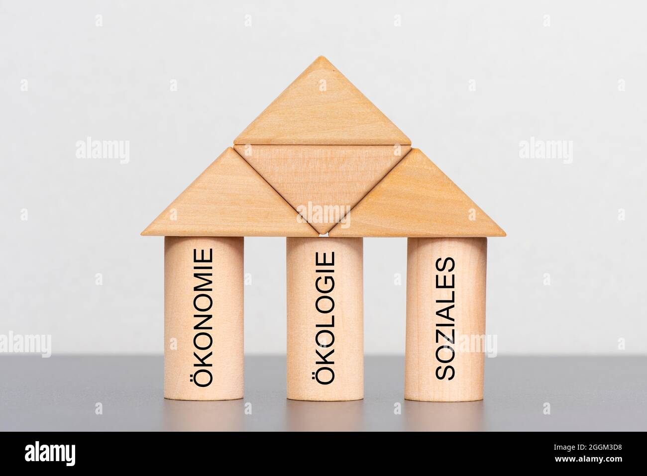 Drei Säulen der Nachhaltigkeit mit Ökonomie, Ökologie und sozialen Fragen Stockfoto