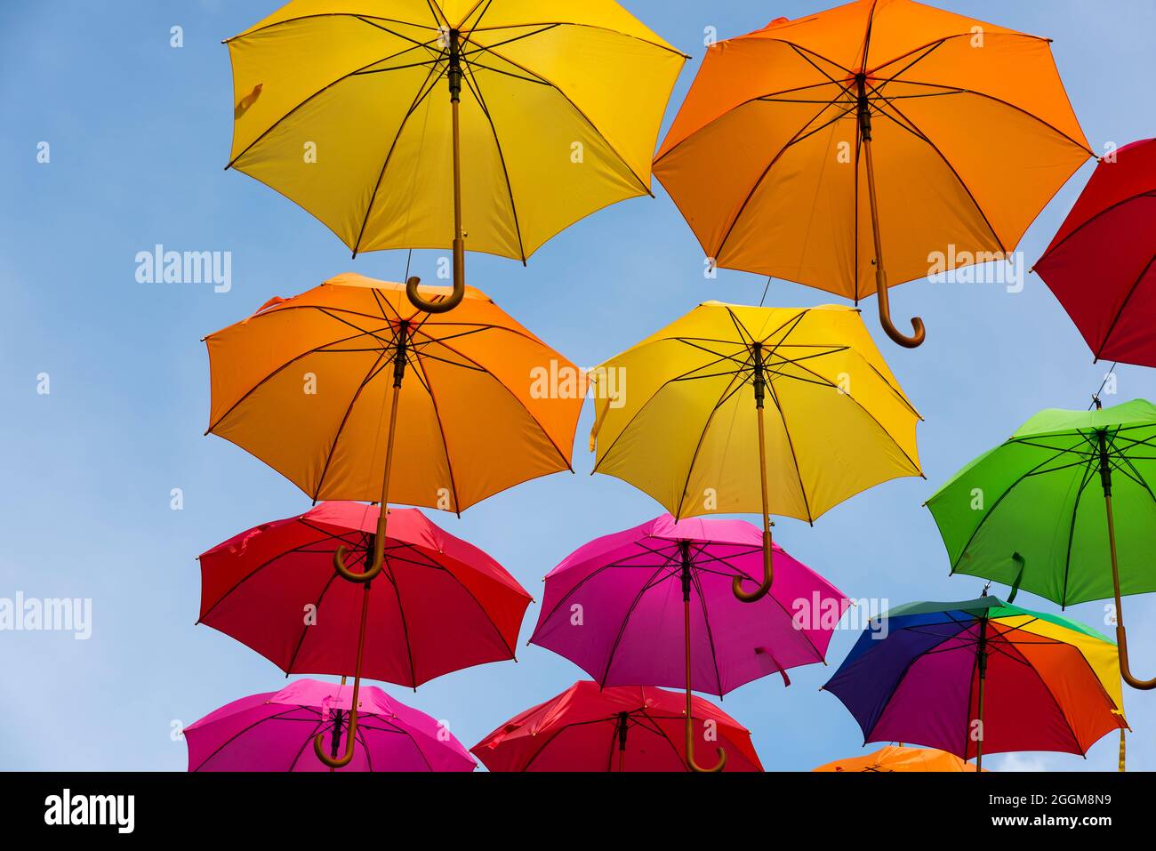 Bunte Regenschirme vor blauem Himmel in Masevaux im Elsass, Frankreich Stockfoto