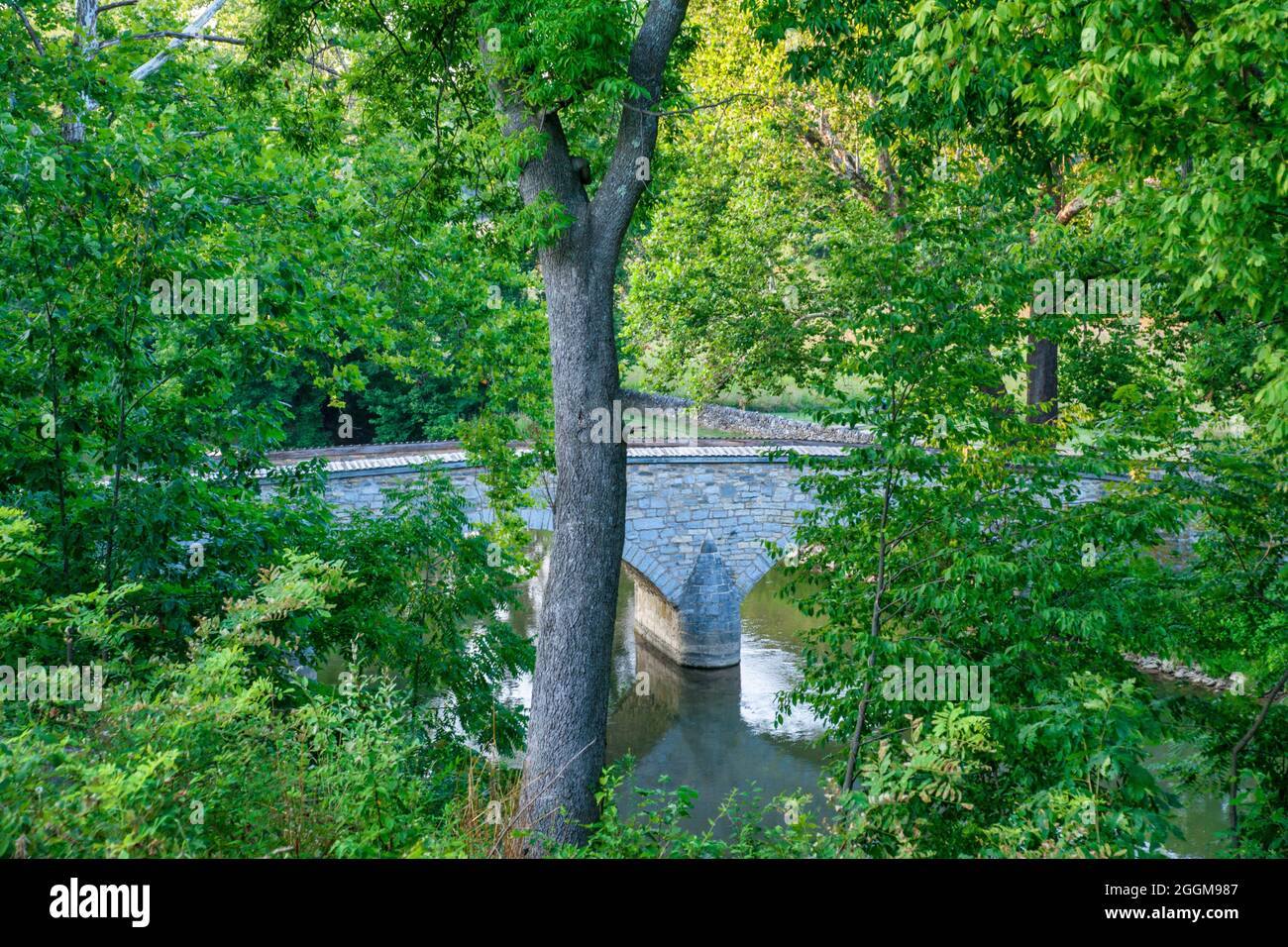 Die steinerne Burnside Bridge über Antietam Creek im Antietam National Battlefield in Maryland. Stockfoto