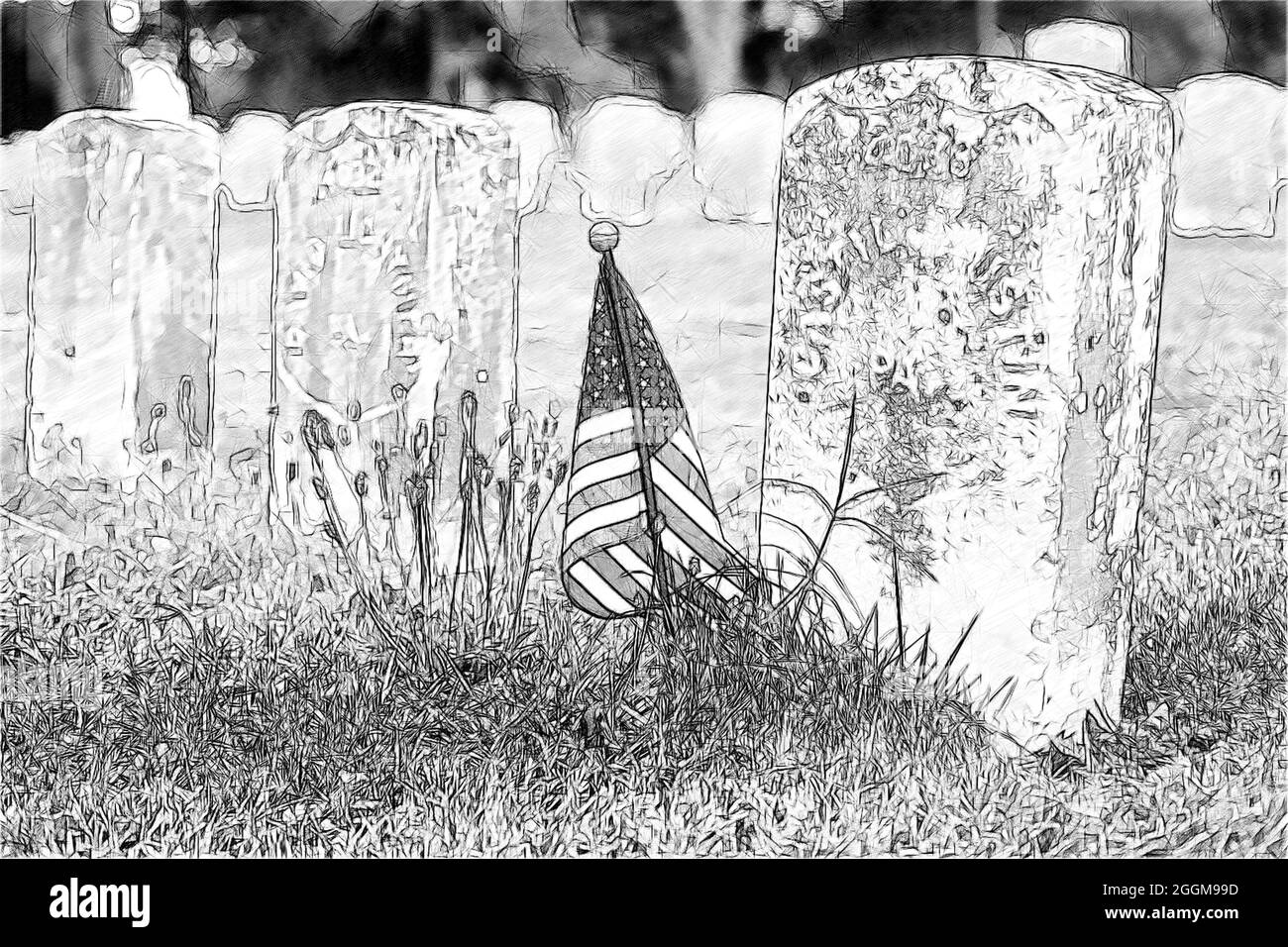 Graustufendarstellung einer kleinen amerikanischen Flagge, die die Gräber von Todesopfern der Gewerkschaften auf dem Antietam National Cemetery in Sharpesburg, Maryland, markiert. Stockfoto