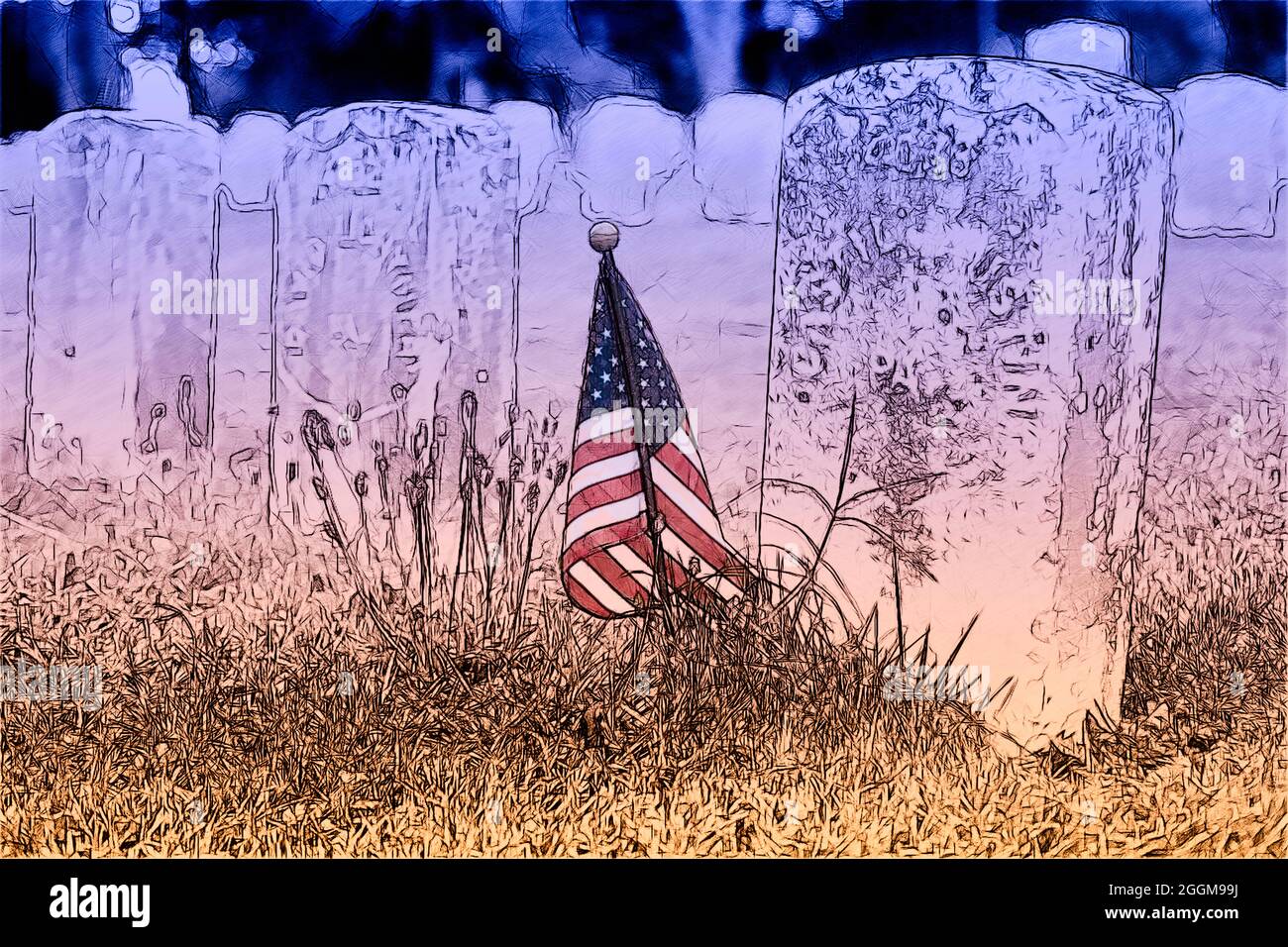 Farbige Illustration einer kleinen amerikanischen Flagge, die die Gräber von Todesopfern der Gewerkschaften auf dem Antietam National Cemetery in Sharpesburg, Maryland, markiert. Stockfoto